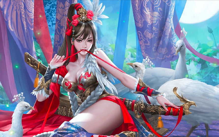 Fantasy warrior woman in ornate red armor with white cranes and flowing silk banners HD wallpaper