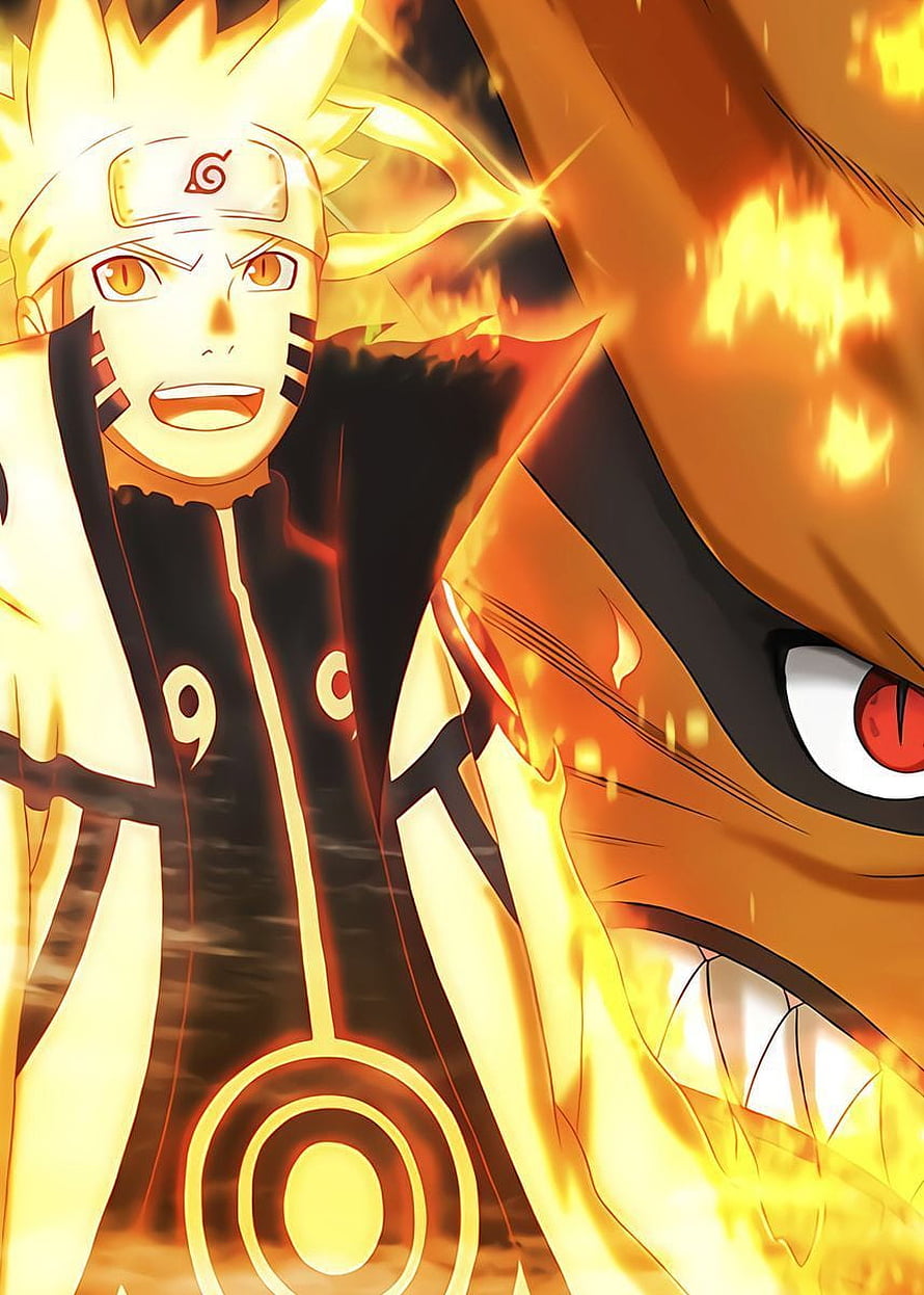 Naruto Uzumaki in Kurama Mode with Nine-Tails Flame Aura HD phone wallpaper