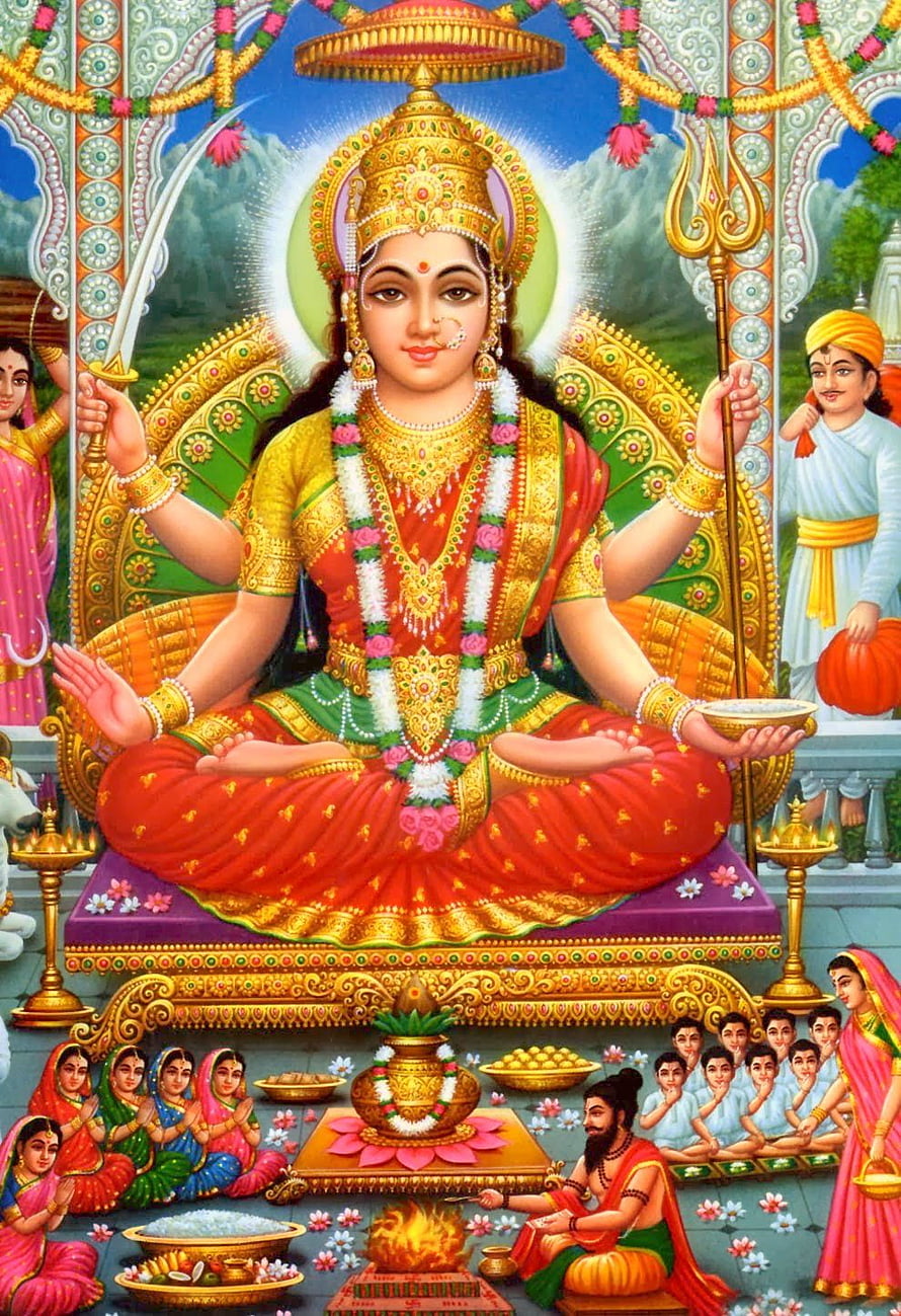 Santoshi Mata Hindu Deity Illustration with Sword and Trident HD phone wallpaper