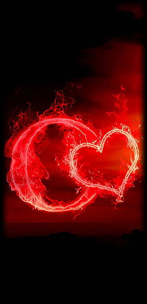 Glowing Red Flame Heart and Circle on Black Background HD phone wallpaper