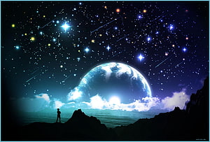 Silhouette of a person gazing at a glowing planet rising over a starry night sky with shooting stars HD wallpaper