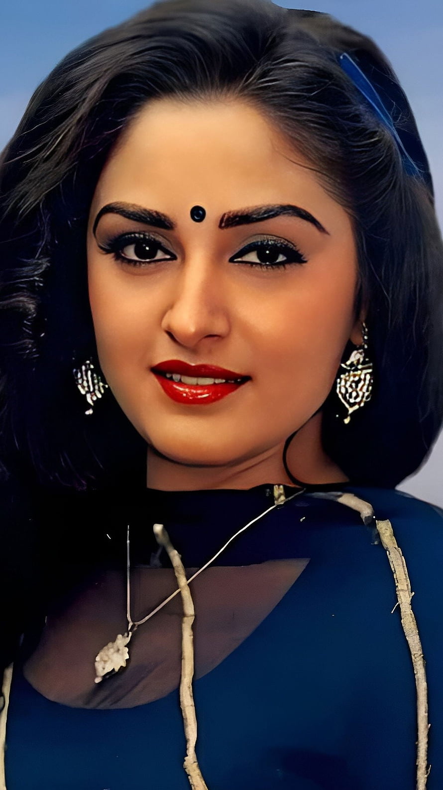 Jayaprada Bollywood Actress Portrait in Blue Saree with Traditional Jewelry HD phone wallpaper