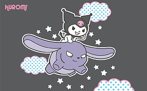 Kuromi Riding Bad Bunny on a Starry Night with Polka Dot Clouds HD wallpaper