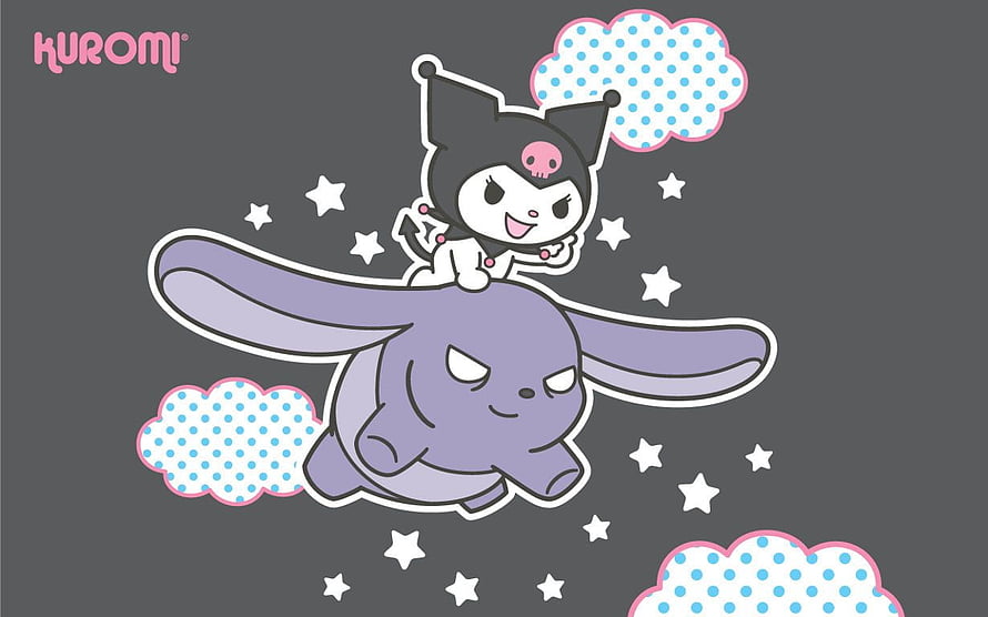 Kuromi Riding Bad Bunny on a Starry Night with Polka Dot Clouds HD wallpaper