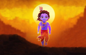 Cute Animated Baby Krishna Walking at Sunset with Glowing Aura HD wallpaper
