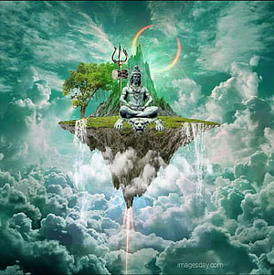 Lord Shiva Meditating on a Floating Island with Trishula and Cosmic Sky HD phone wallpaper