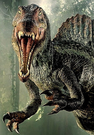 Spinosaurus roaring in misty Jurassic Park jungle with open jaws and sharp teeth HD phone wallpaper