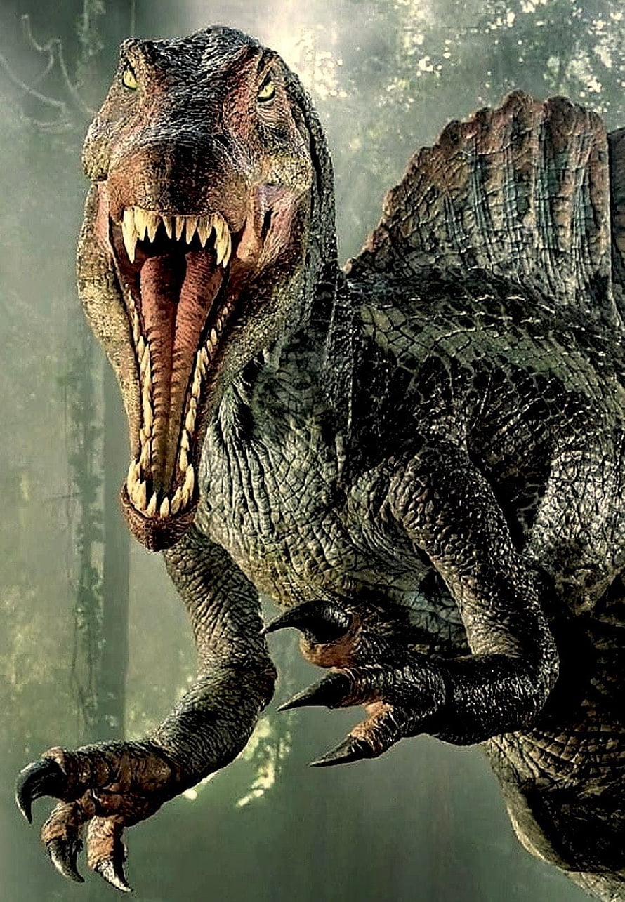 Spinosaurus roaring in misty Jurassic Park jungle with open jaws and sharp teeth HD phone wallpaper