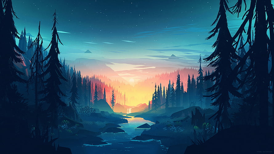 Stylized Digital Art of a Serene Forest River at Sunset with Pine Trees and Mountains HD wallpaper
