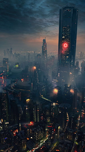 Cyberpunk 2077 Night City Aerial View with Glowing Red Tower at Dusk HD phone wallpaper
