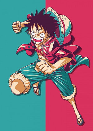 Monkey D. Luffy Dynamic Action Pose in Vibrant Red and Teal Split Background HD phone wallpaper
