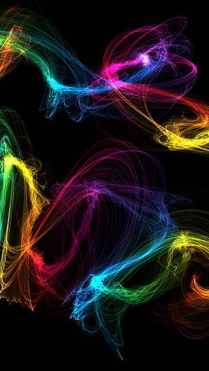 Vibrant rainbow light trails swirling across a dark abstract background HD phone wallpaper
