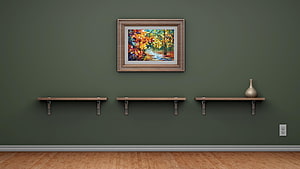 Minimalist Interior Wall With Floating Shelves And Framed Autumn Landscape Painting HD wallpaper