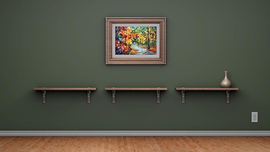 Minimalist Interior Wall With Floating Shelves And Framed Autumn Landscape Painting HD wallpaper