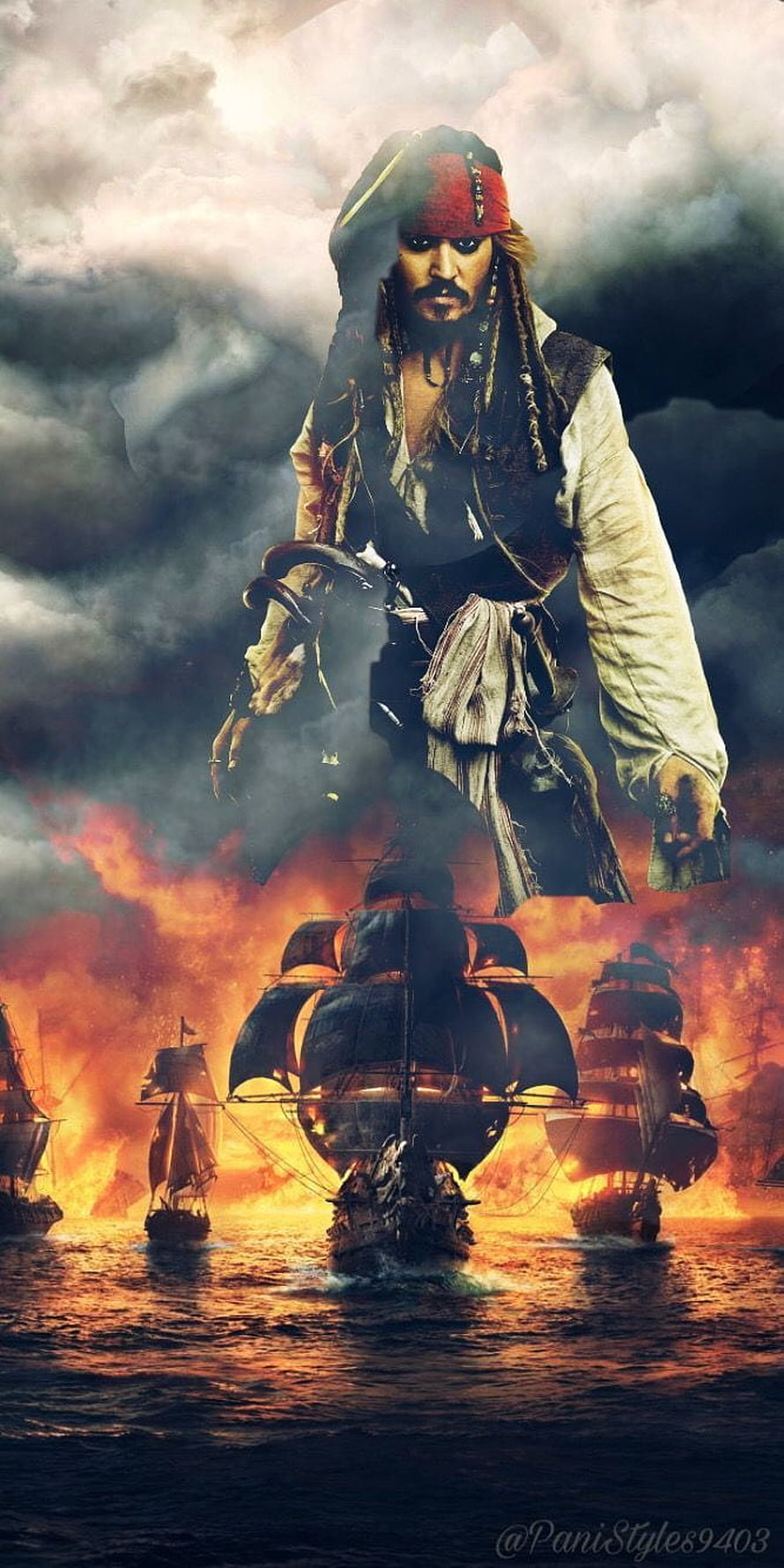 Jack Sparrow from Pirates of the Caribbean Standing Over Burning Fleet at Sea HD phone wallpaper