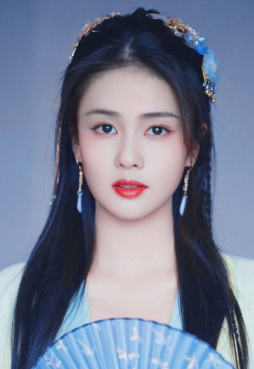 Bai Lu in Traditional Chinese Hanfu Attire with Ornate Hair Accessories and Blue Folding Fan HD phone wallpaper