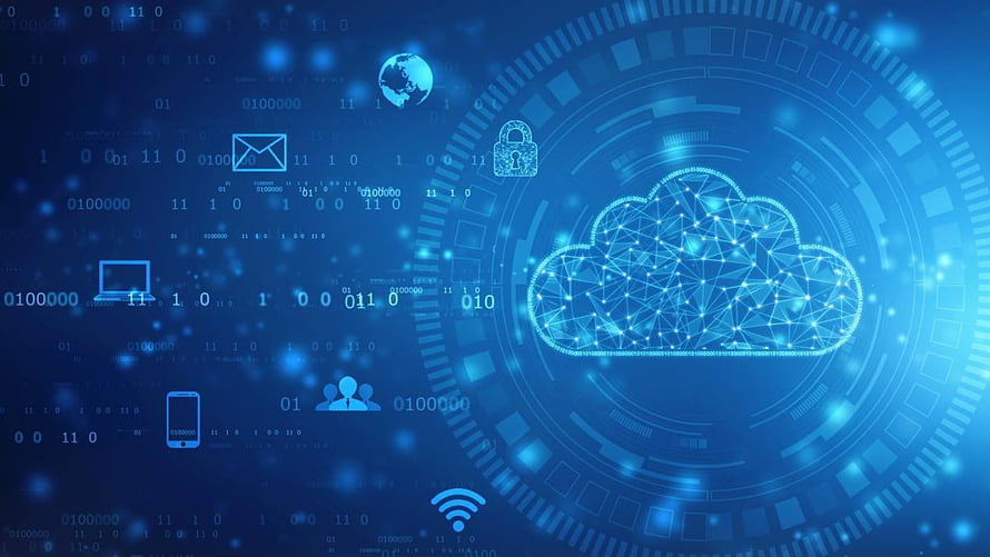 Blue Cloud Computing Network with Digital Security Icons and Binary Data Background HD wallpaper