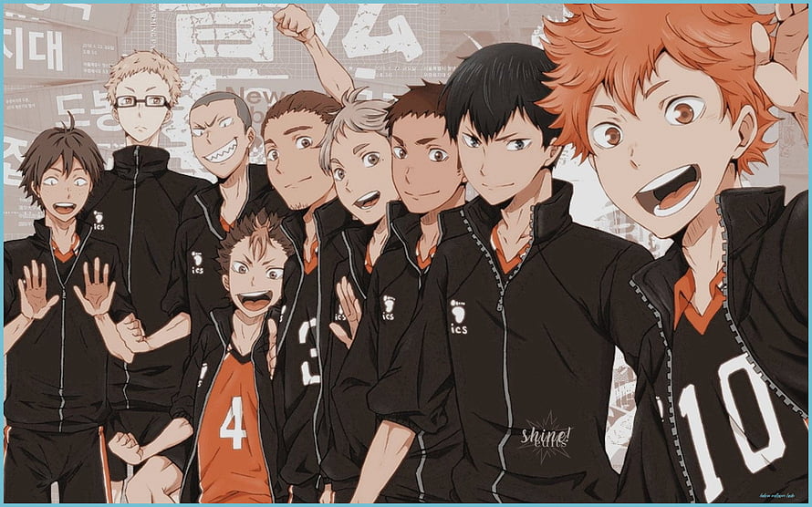 Haikyuu Karasuno Volleyball Team Group Portrait in Black and Orange Uniforms HD wallpaper