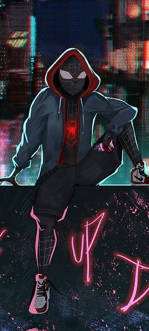 Miles Morales in Black Hoodie with Red Spider Emblem and Neon Glow HD phone wallpaper