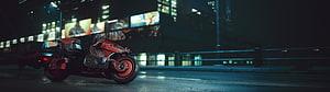 Cyberpunk 2077 Futuristic Motorcycle Parked on Neon-Lit Night Street HD wallpaper