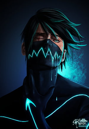 Dark Fantasy Character Portrait with Glowing Cyan Veins and Black Mask HD phone wallpaper