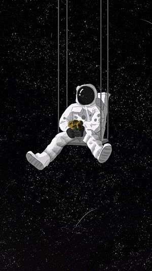 Astronaut Sitting on a Swing in Deep Space Holding Sunflowers Digital Illustration HD phone wallpaper