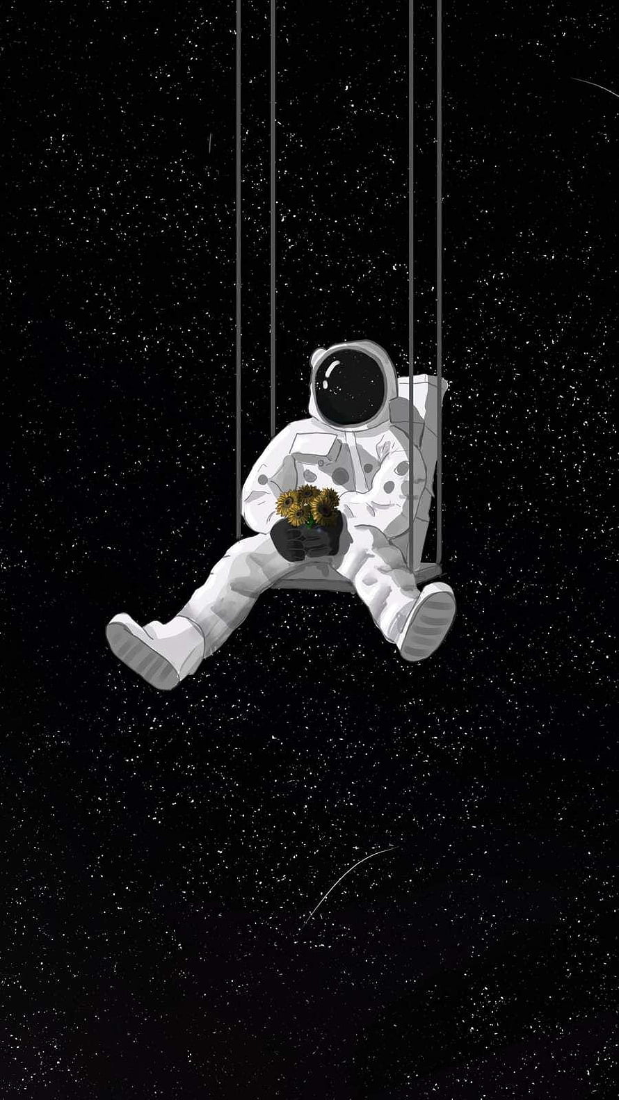 Astronaut Sitting on a Swing in Deep Space Holding Sunflowers Digital Illustration HD phone wallpaper