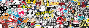 Colorful Sticker Bomb Collage Featuring Pop Culture Icons and Brand Logos HD wallpaper