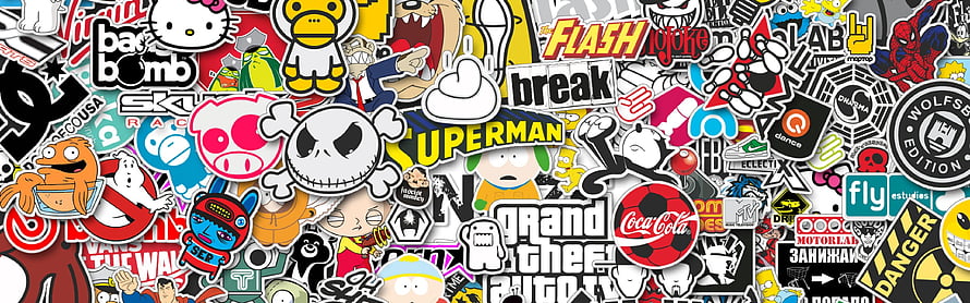 Colorful Sticker Bomb Collage Featuring Pop Culture Icons and Brand Logos HD wallpaper