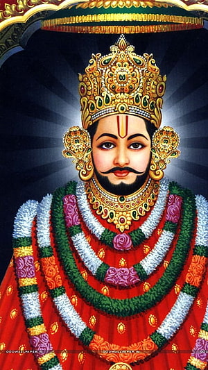 Khatu Shyam Devta Portrait in Traditional Indian Painting Style with Ornate Crown and Floral Garlands HD phone wallpaper