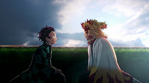 Tanjiro and Rengoku Sharing a Quiet Moment in Demon Slayer HD wallpaper