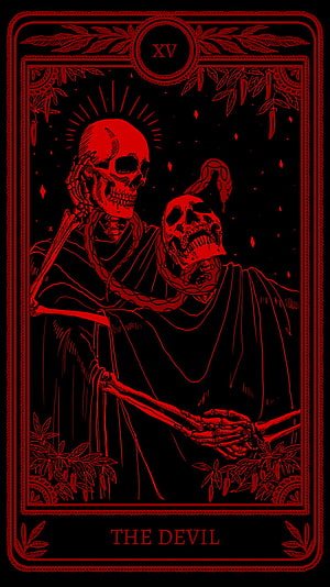 The Devil Tarot Card Featuring Two Embracing Skeletons in Red and Black Gothic Style HD phone wallpaper
