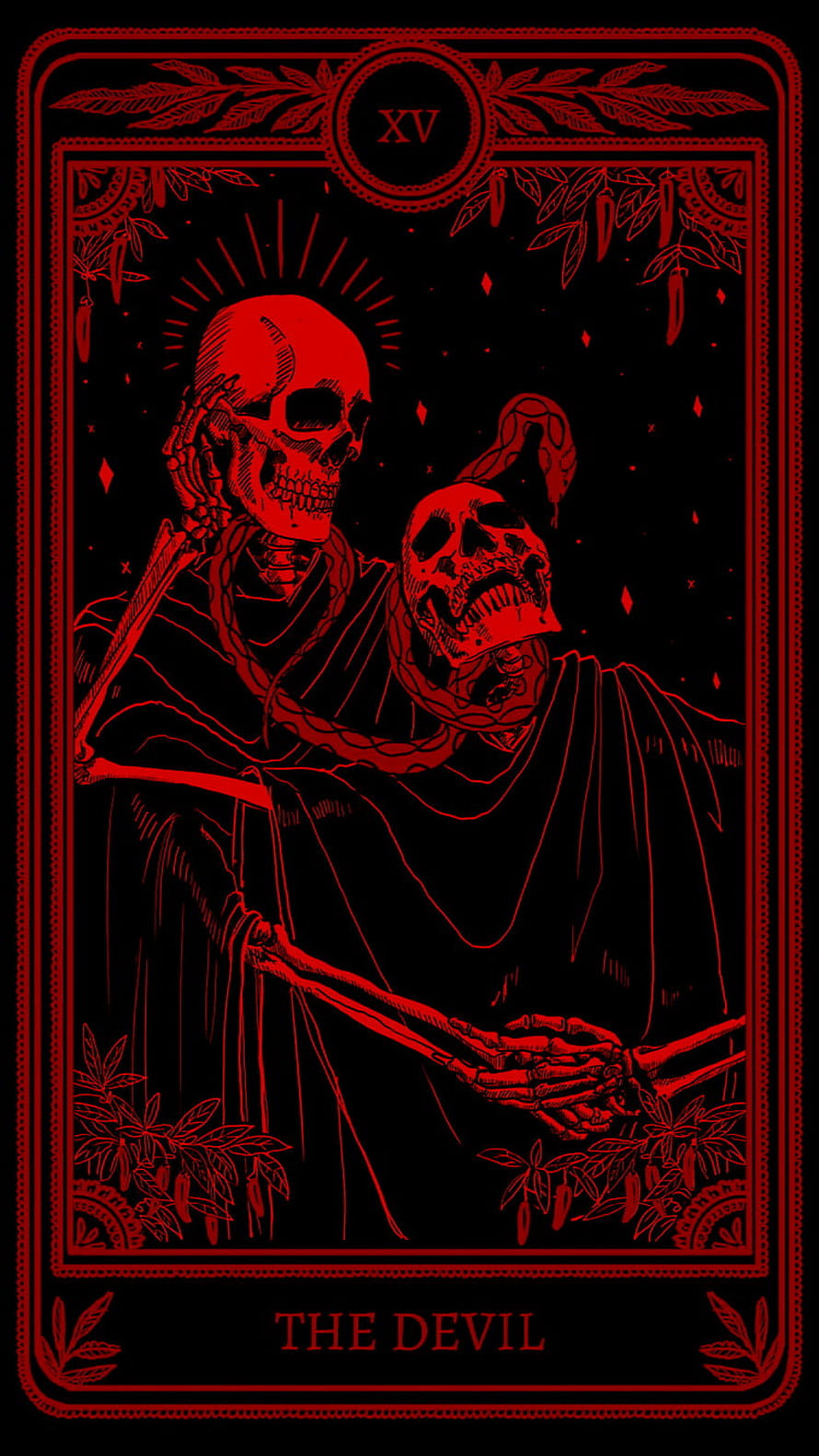 The Devil Tarot Card Featuring Two Embracing Skeletons in Red and Black Gothic Style HD phone wallpaper