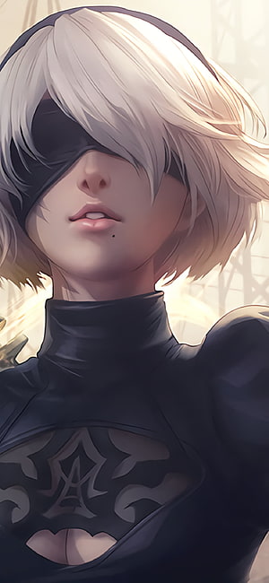 2B from NieR: Automata in Black Turtleneck with Eye Patch and Chest Emblem HD phone wallpaper