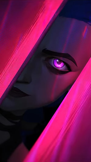 Jinx from Arcane Peering Through Neon Pink Fabric with Glowing Purple Eye HD phone wallpaper