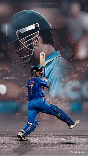 MS Dhoni in Action: Indian Cricket Captain Swinging Bat in Blue Jersey HD phone wallpaper