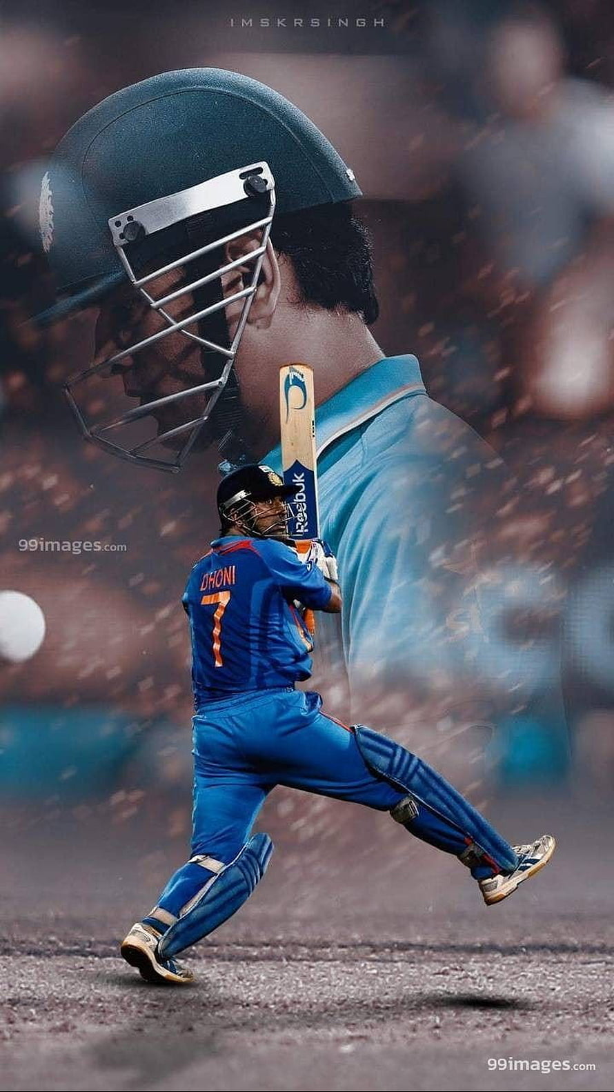 MS Dhoni in Action: Indian Cricket Captain Swinging Bat in Blue Jersey HD phone wallpaper