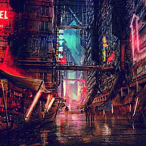 Neon-lit cyberpunk city street with rain, towering buildings, and glowing signs HD phone wallpaper