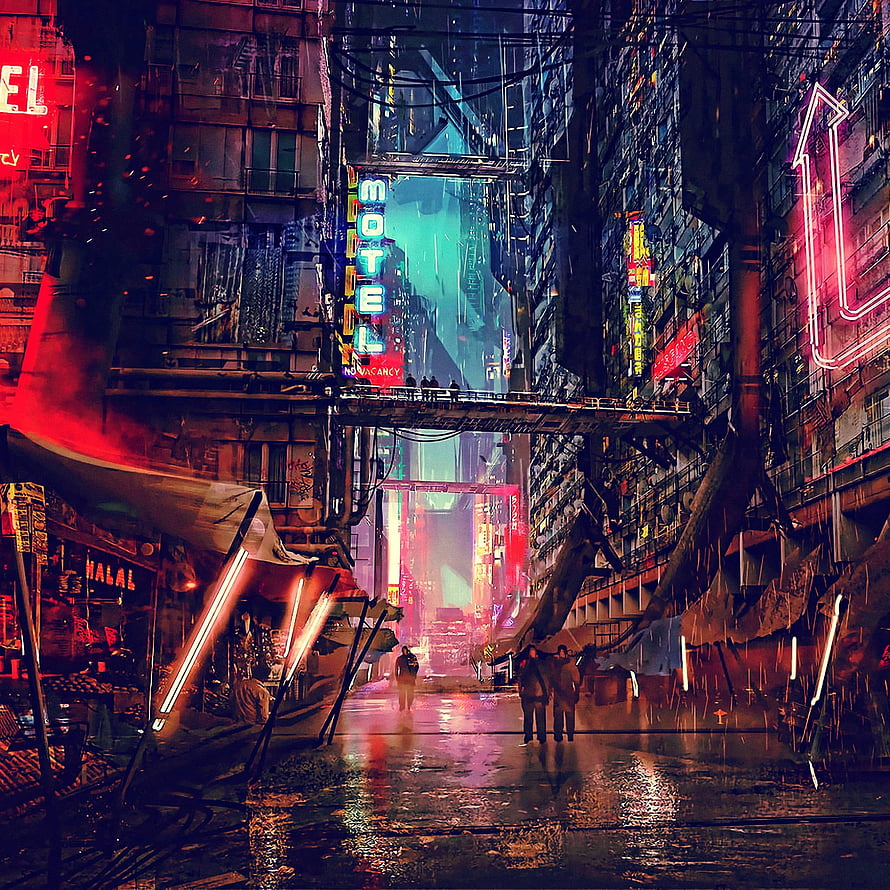 Neon-lit cyberpunk city street with rain, towering buildings, and glowing signs HD phone wallpaper