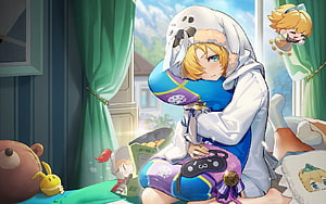 Guardian Tales anime character in a cozy bedroom scene with plush toys and soft lighting HD wallpaper