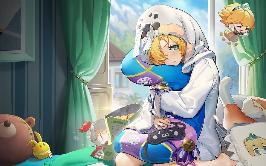 Guardian Tales anime character in a cozy bedroom scene with plush toys and soft lighting HD wallpaper