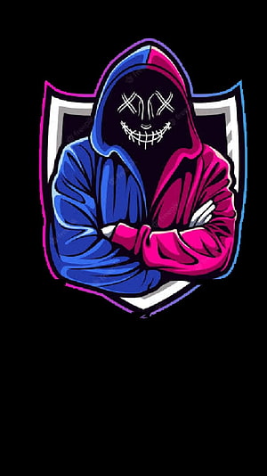 Hooded Figure with Stitched Mask and Crossed Arms in Blue and Pink Split Design HD phone wallpaper