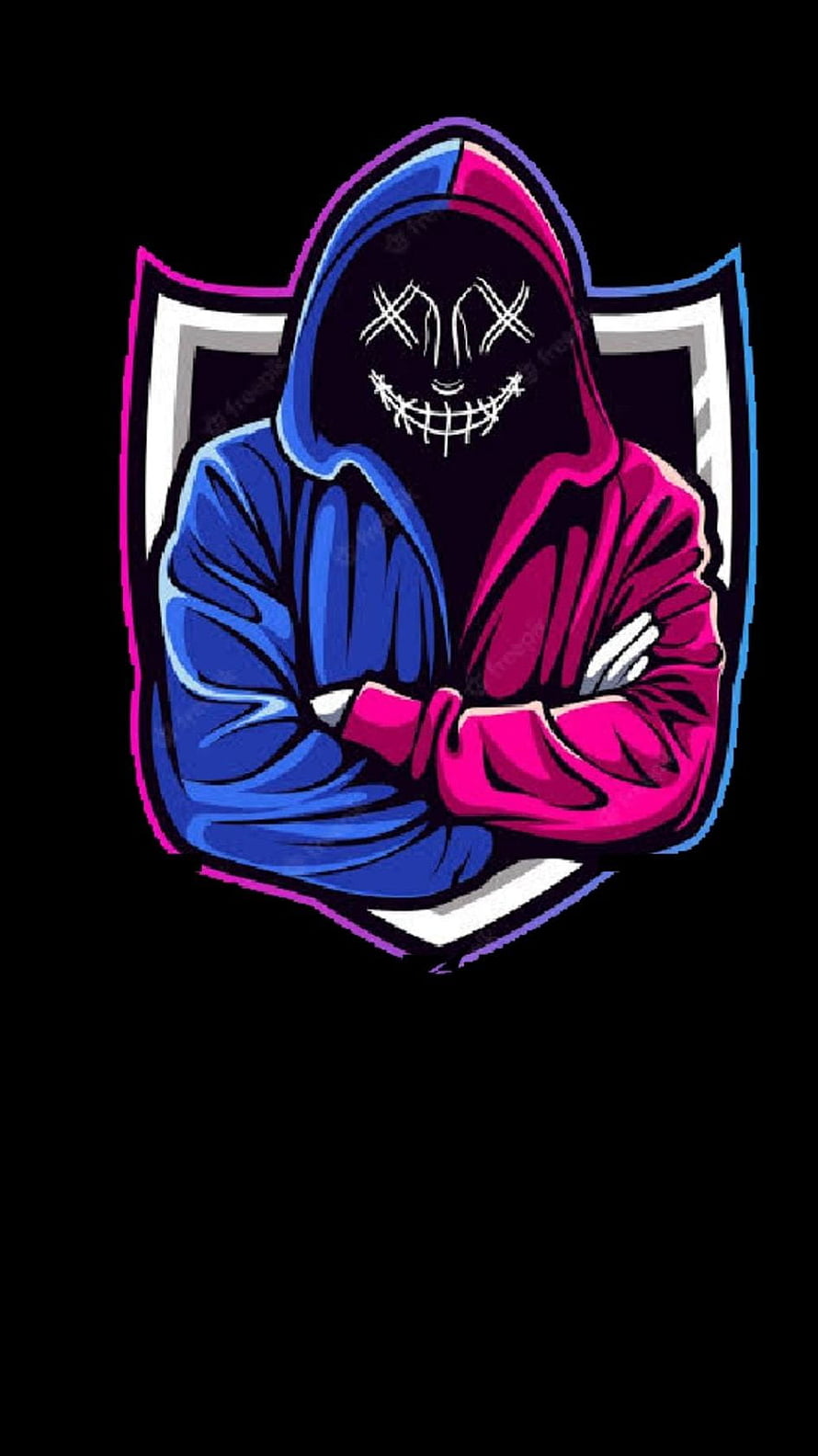 Hooded Figure with Stitched Mask and Crossed Arms in Blue and Pink Split Design HD phone wallpaper