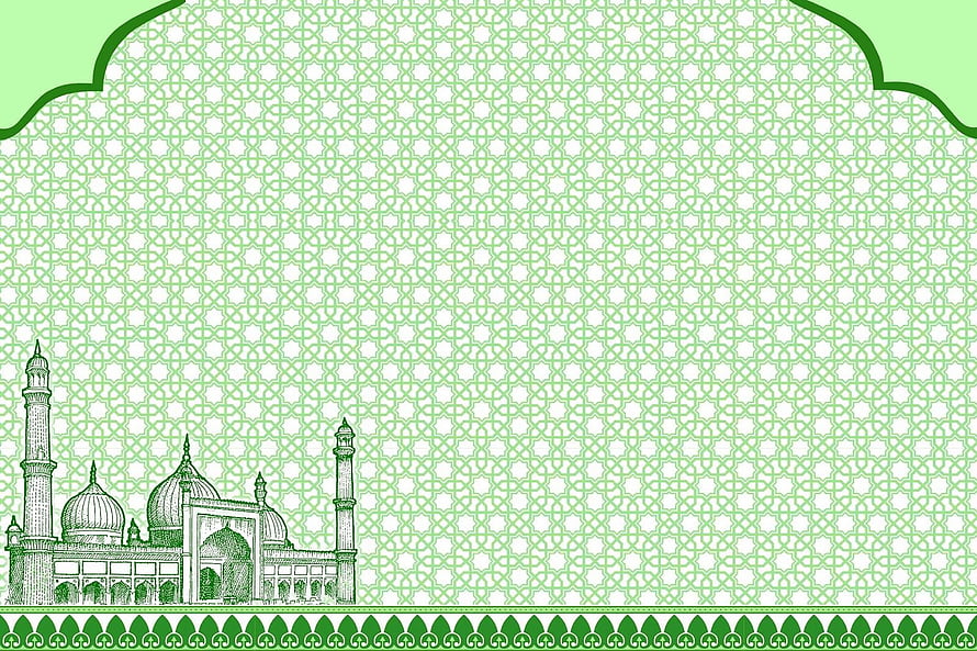 Green Islamic Geometric Pattern with Mosque Silhouette and Ornamental Border HD wallpaper
