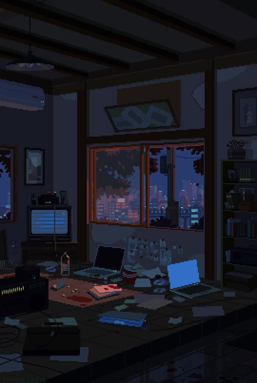 Dark Pixel Art Apartment Interior with City View at Night HD phone wallpaper