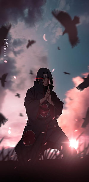Uchiha Itachi in Akatsuki Robe with Crows at Dusk HD phone wallpaper