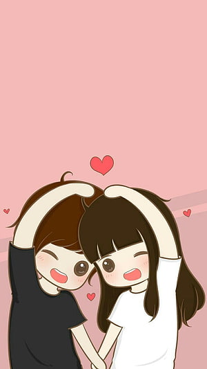 Cute Cartoon Couple Making Heart Shape With Arms on Pink Background HD phone wallpaper