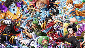 One Piece Wano Country Straw Hats Crew and Allies in Dynamic Anime Battle Art HD wallpaper
