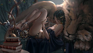Wlop Fantasy Artwork: Princess with Lion and Books in Dark Setting HD wallpaper
