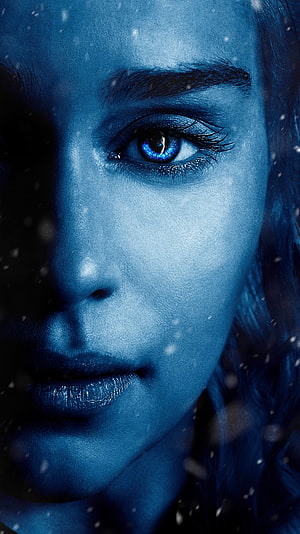 Emilia Clarke Close-Up Portrait with Blue Eyes and Snowfall HD phone wallpaper